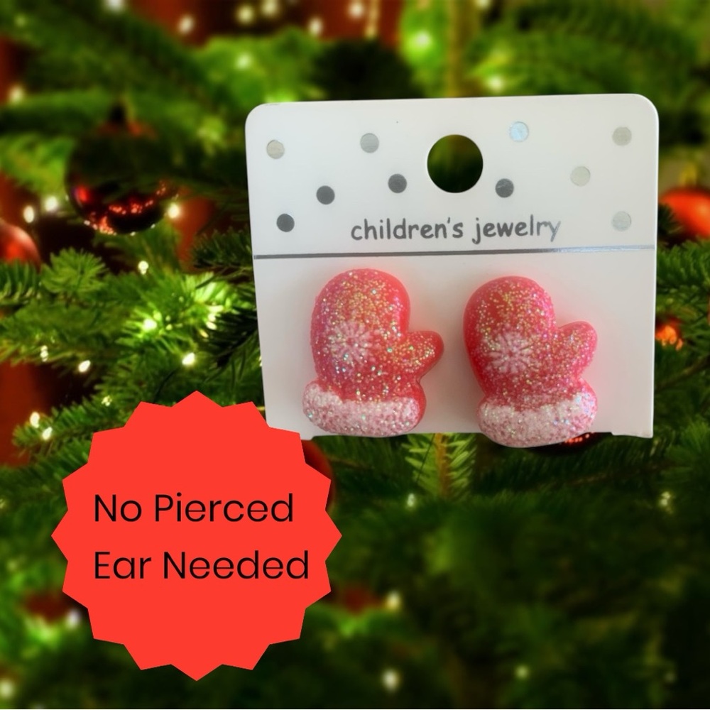 Kids Christmas Clip-On Earrings Red Mittens Festive Jewelry Holiday Accessories